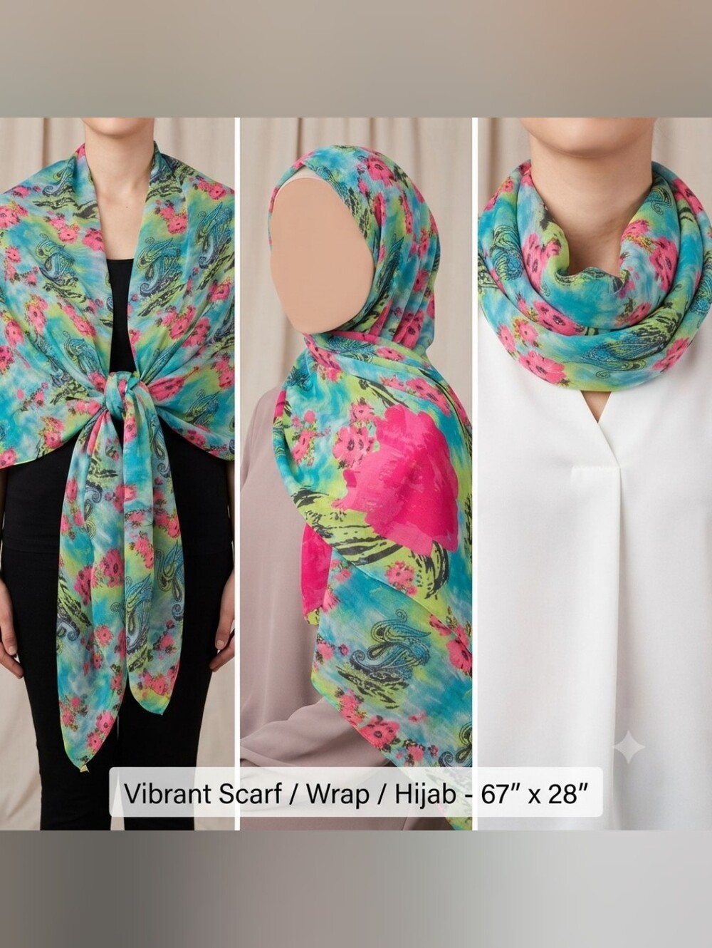 Vibrant Floral & Paisley Print Chiffon Scarf / Wrap / Hijab - 67" x 28" - EUC